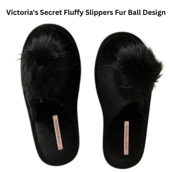 Victoria's Secret Shoes - Victoria's Secret Fluffy Slippers Slip-On Fur Ball Design Black Women's S NWOT